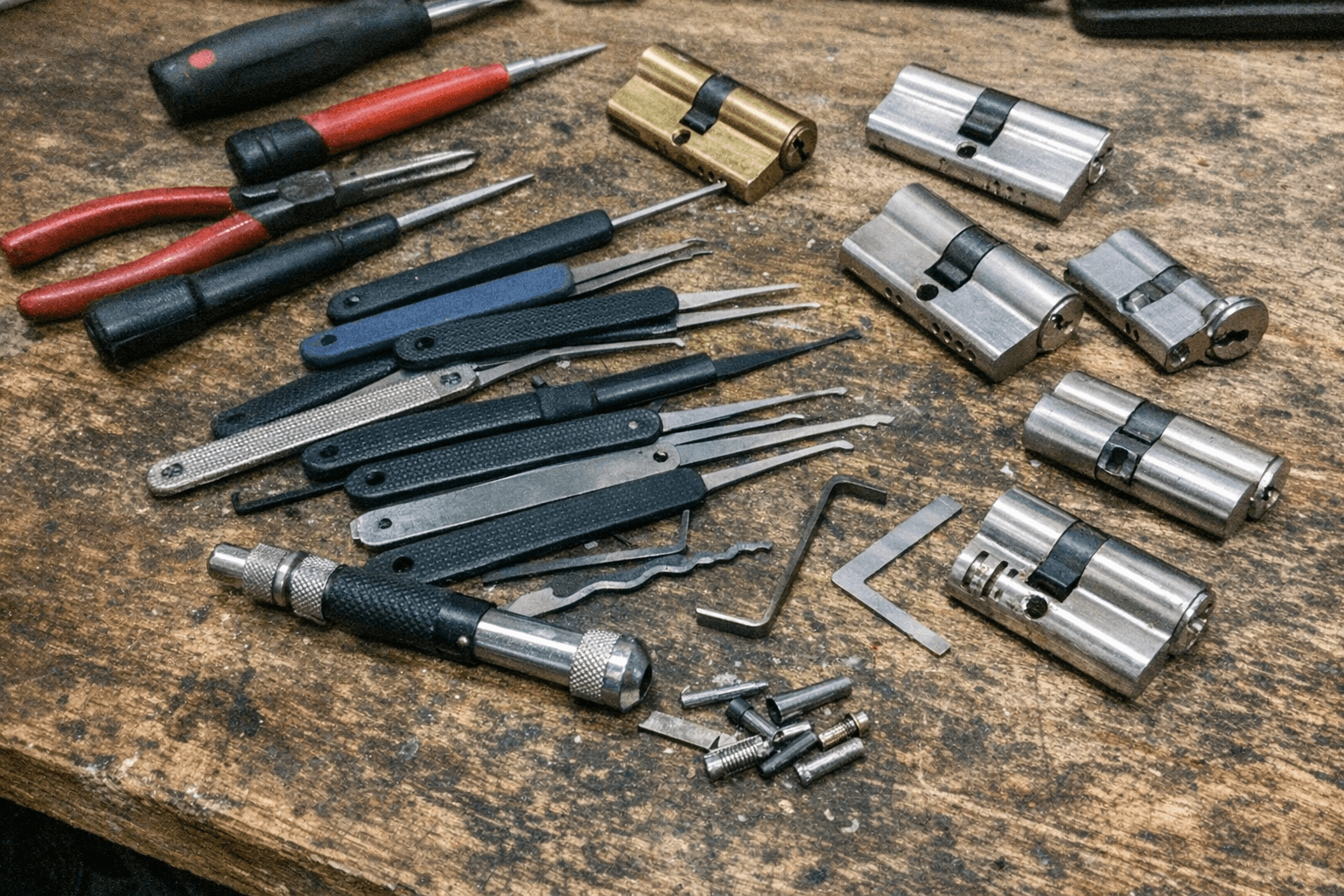 Moderne Werkzeuge und Spezialausrüstung für die zerstörungsfreie Mechanik auf einem Werktisch