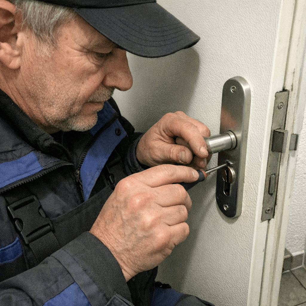 Erfahrener Monteur für den lokalen Schlüsseldienst bei der Arbeit an einer Haustür